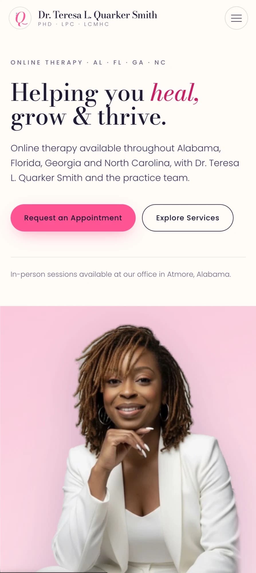 The website we built for Dr. Teresa L. Quarker Smith, on a phone